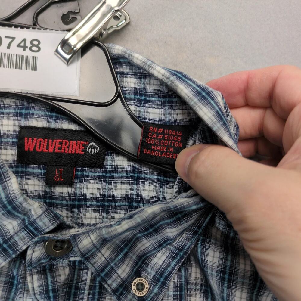 Wolverine Blue Plaid Cotton Button Down Shirt Men's L Tall Short Slv Gorpcore - Picture 3 of 10